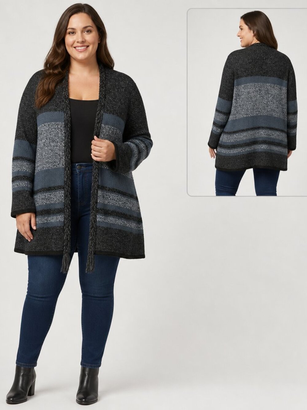 Carolyn Taylor XL Boho Fringe Chunky Knit Cardigan Gray Stripe Cozy Chic